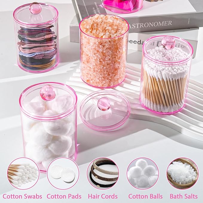 XIPENGKEJI 6 Pack Qtip Holder,Canister Apothecary Jar Set, Bathroom Jars with Lids Set for Cotton Swabs, Balls, Pads, Floss Picks,10oz-12oz Plastic Canisters Restroom Bedroom Vanity Organizer(Pink)