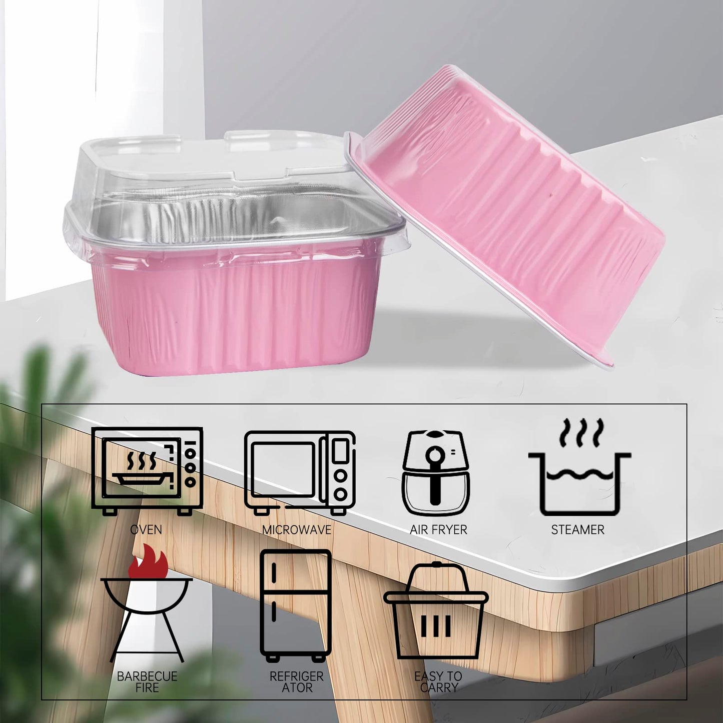 50 Pcs Mini Square Baking Cups with Lids,10oz Aluminum Foil Mini Cake Pans with Lids,Disposable Ramekins Cake Pans,300ml Dessert Cups Cupcake Pans for Wedding Birthday Party,Pink