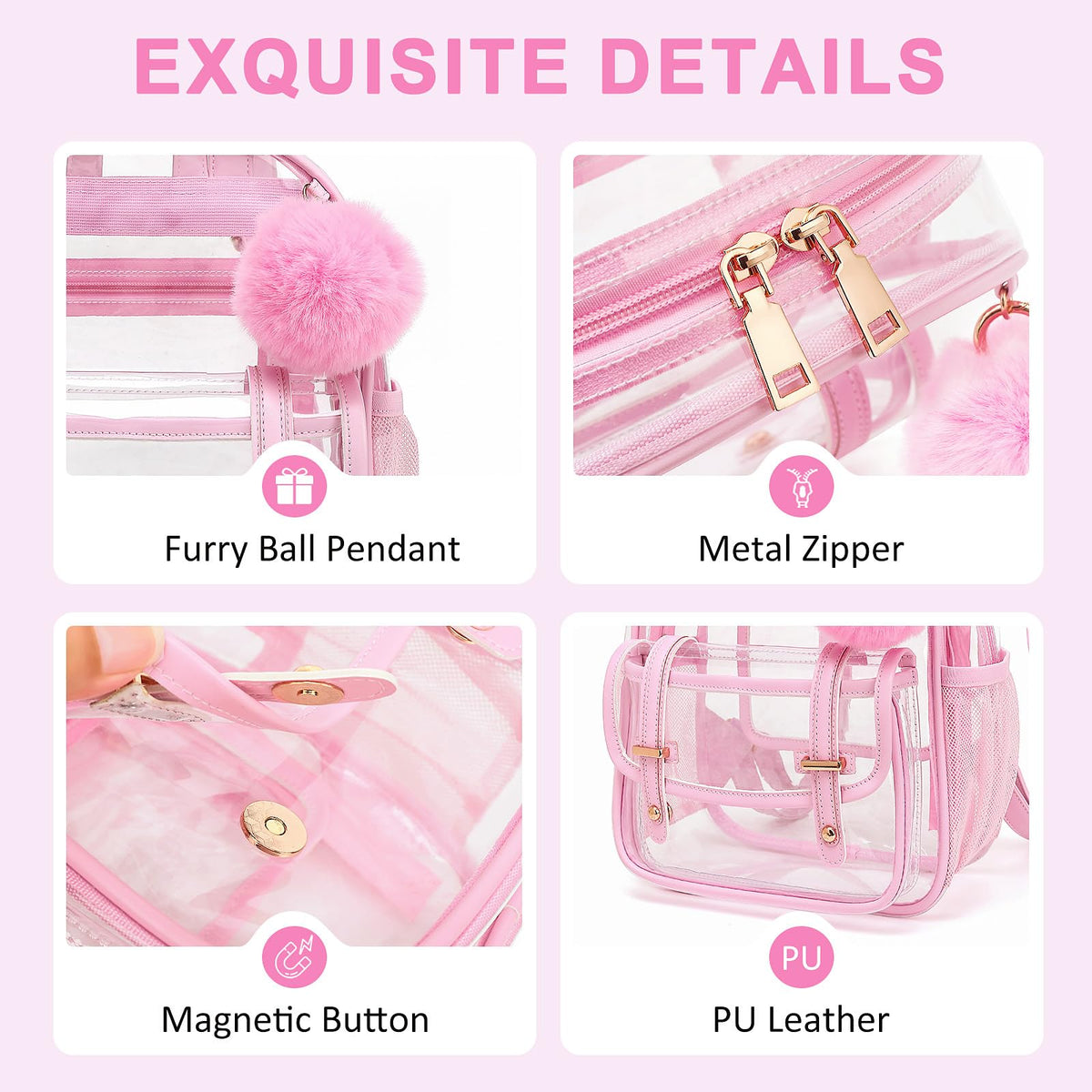 Clear Backpack for Stadium Events, 12x 12x 6 Small Transparent Backpack PVC Mini See Through Bag for Women Girls for Concert Festival, Pink
