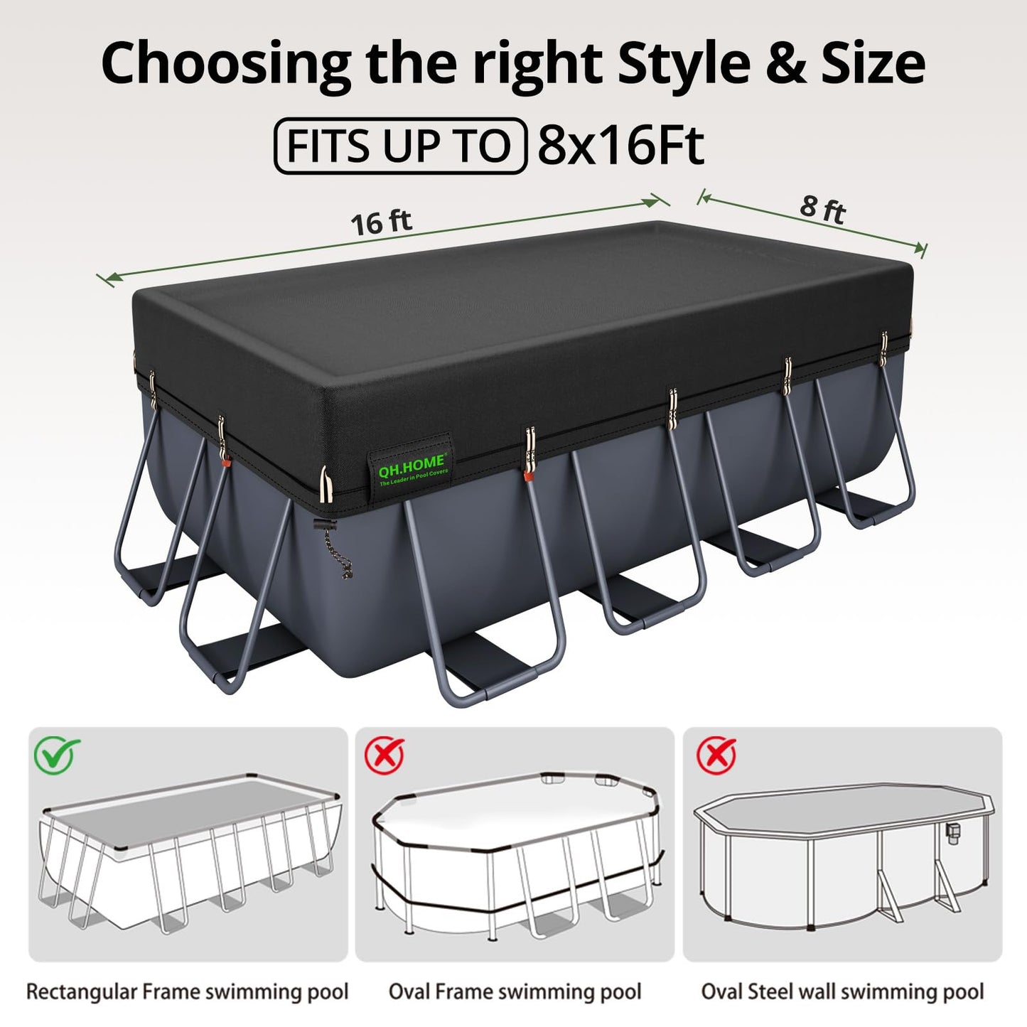 QH.HOME 550D 8x16 Ft Rectangular Pool Cover [Upgraded Tear Resistant & Quadruple Windpoof]wth Pre-Installed Winch and Rope,Pool Covers for Above Ground Pools Rectangle-Snug Fit & Waterproof Protection
