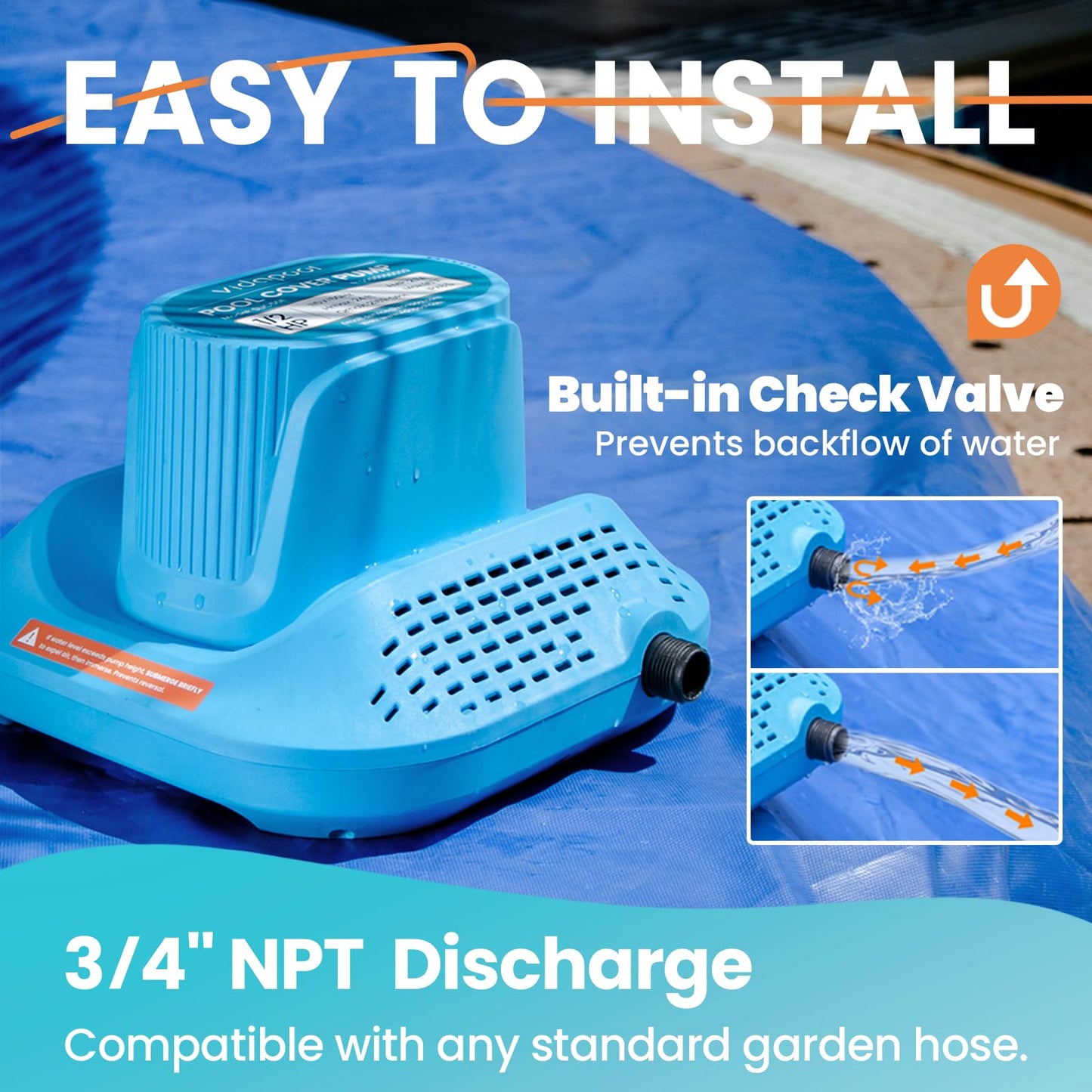 Vidapool 1/2 HP Pool Cover Pump Automatic On Off, Submersible Sump Pump Inground/Above Ground, 2169 GPH Water Removal Pump with 25 Feet Power Cord for Swimming Pool, Pond, Basement, Window Well, Blue