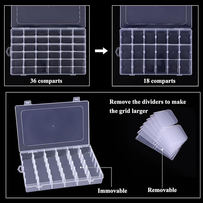 OUTUXED 8 Pack 36 Grids Clear Plastic Storage Boxes with Adjustable Dividers, Beads Storage Containers, Jewelry and DIY Crafts Organization, Screw & Hardware Sorting with 10 Label Stickers
