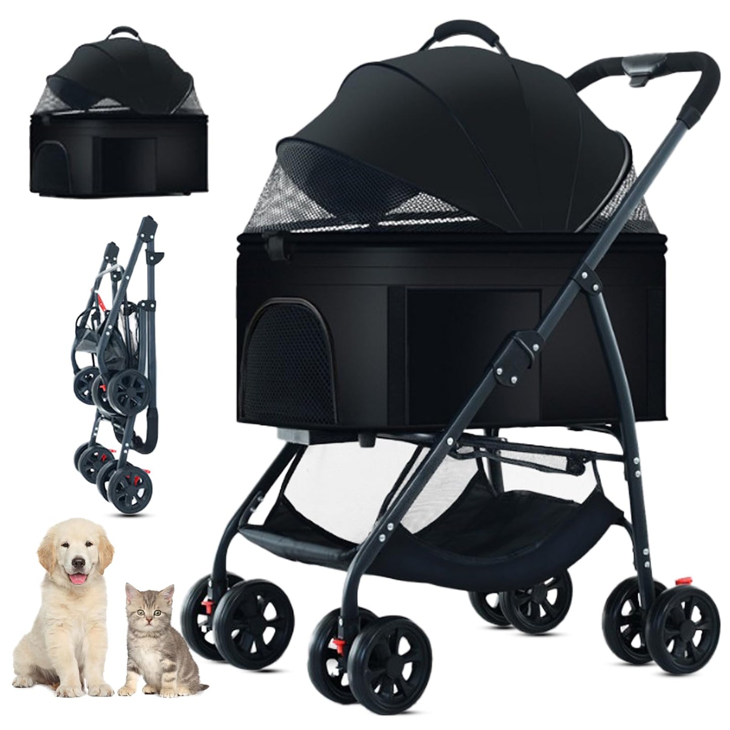 ZHUOKECE 3-in-1 Pet Dog Stroller, Dog Wagon with Removable Carrier, Cat Stroller for Medium Dogs Up to 55lbs (Black)