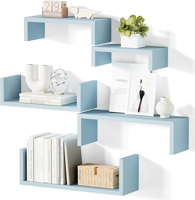 SRIWATANA Floating Shelves for Wall, Wall Shelves for Bathroom, Bedroom, Living Room, Kitchen, Office, Wood Shelves for Wall Decor Set of 5 (Blue)