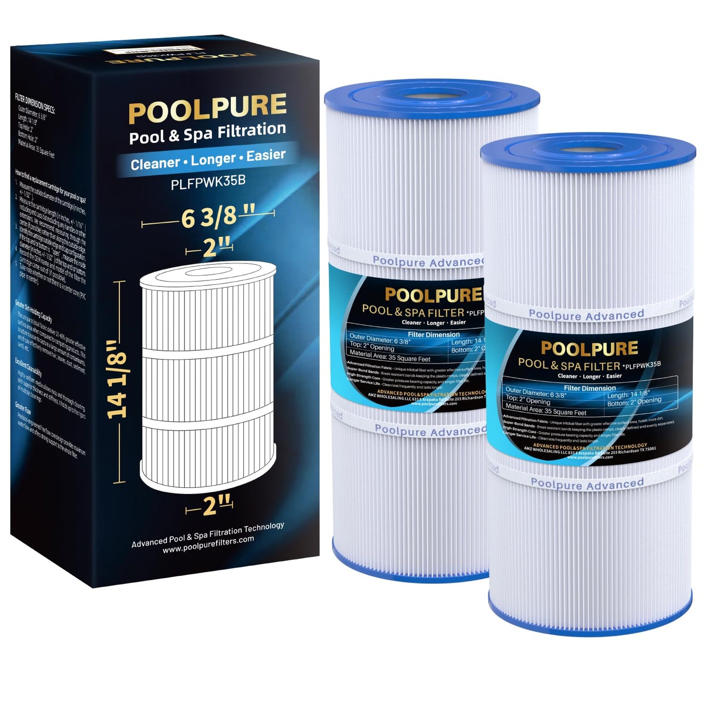 POOLPURE PWK35B SPA Filter Replaces Hot Springs Limelight Series Spa Filters, Watkins 1642301-1, 78161, 78286, Pleatco PWK35B, Filbur FC-3921, SD-01386, 35 sq. ft. 2PACK (White-Standard)