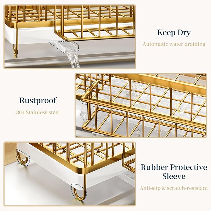 Consuemst Sponge Holder for Kitchen Sink - Auto Draining Sink Caddy Organizer with Detachable Rack, High Brush Holder, Kitchen Countertop Storage Accessories, Gold