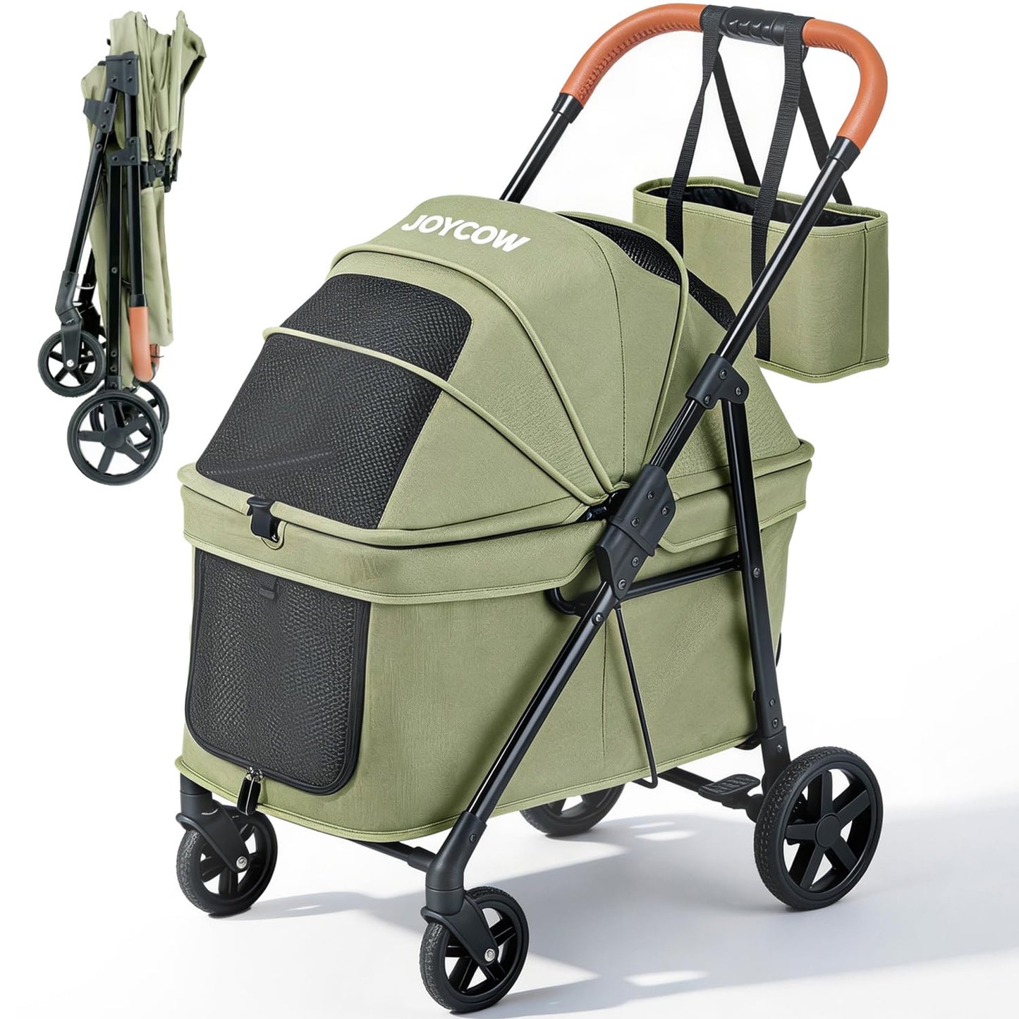 JOYCOW Dog Stroller for 2 Small Dogs or 1 Medium Pet, Low-Entry Design with Anti-Jump-Out, 600D Oxford Fabric, Up to 70 lbs, Green