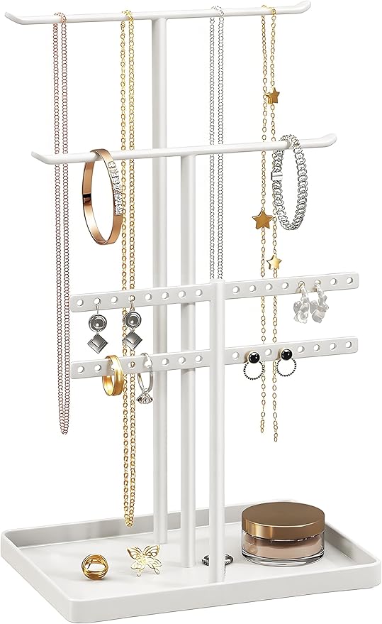 pickpiff Jewelry Stand Organizer, 14.5" Tall Sturdy Metal, 3-TierJewelry Holder for Necklace, Earring, Bracelet, Ring, Hanger for Display and Storage, Aesthetic Room Decor, White