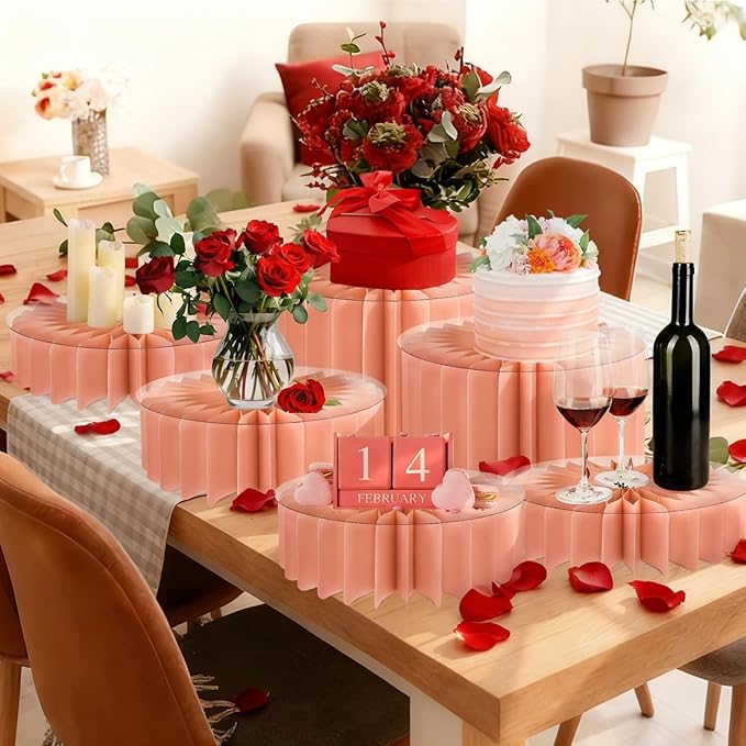 6Pcs Buffet Risers, Valentine's Day Food Risers for Table, Foldable Cake Display Stands, Tall Cardboard Cupcakes Stand for Show Catering Desserts Jewelry Wedding Birthday Party Decoration (Pink)