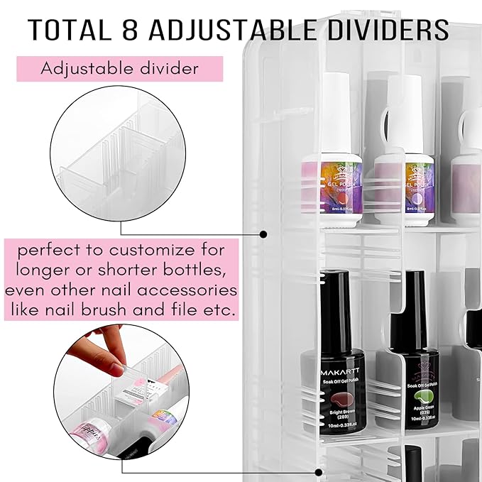 Makartt Nail Polish Organizer: Clear Universal Nail Polish Holder for 48 Bottles, Portable Sturdy Gel Nail Polish Organizer Case with 8 Adjustable Dividers, Space Saver for Nail Bottles Display Travel
