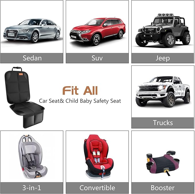 SMART ELF Car Seat Protector [1 Pack] Large Auto Protector for Child Seats with Thickest Padding and Non-Slip Backing Mesh Pockets for SUV, Sedan, Truck, Leather and Fabric - Black