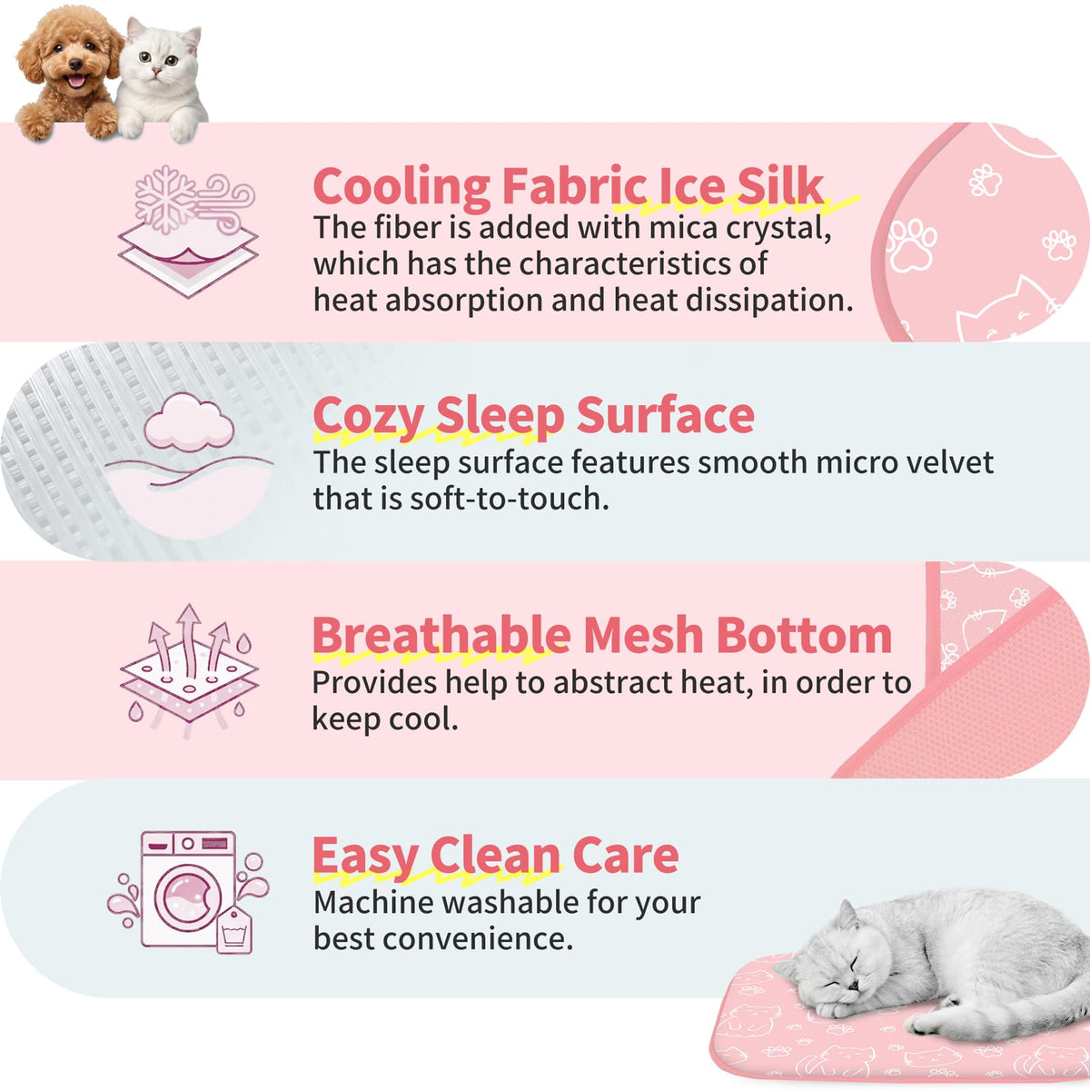 NWK Pack of 4 Pet Cooling Mat -Q-Max>0.345 Ice Silk Cooling Mat for Dogs & Cats Portable & Washable Pet Cooling Blanket, Car Seats, Beds for Summer (4pcs, Pink Cat, 27'' X 20'' X 0.3'')