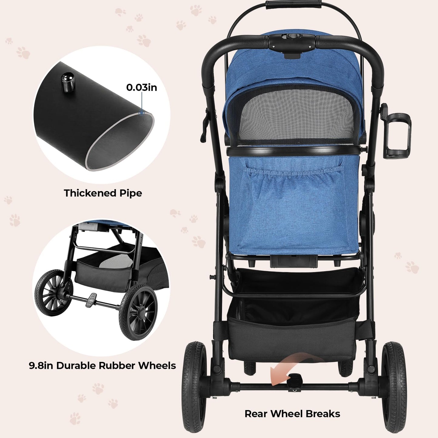 MAMIZO Pet Stroller for Medium Dogs Cats Up to 44 lbs, All-Terrain 3-in-1 Dog Stroller with Detachable Carrier, Rubber Wheels, One-Click Folding, Storage Basket & Cup Holder, for Senior Dogs & Cats