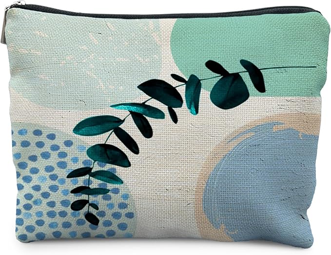 Abstract Boho Blue and Green Makeup Bag, Trendy Botanical Cosmetic Bags for Women, Boho Gifts for Women, Eucalyptus Leaf Botanical Zipper Makeup Pouch