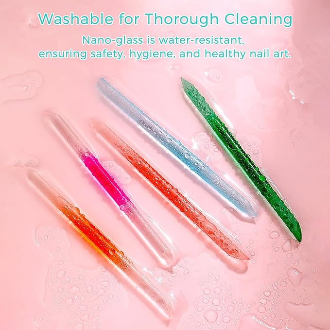 JERCLITY 4 Pieces Double-Ended Glass Nail Files Glass Cuticle Pusher Cuticle Stick Set Nano-Frosted Nail Polished Crystal Glass Rod Manicure Pedicure Pusher Tools(Peach Pink/Purple/Cyan/Green)