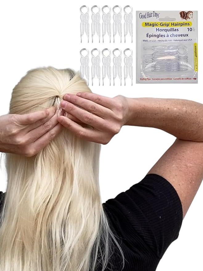 Good Hair Days Hair Pins - 2 1/2" Plastic, U-shaped Magic Grip Hairpins, Strong Durable Pins For Fine, Thick & Long Hair, Styling Accessories - Crystal, Set of 10