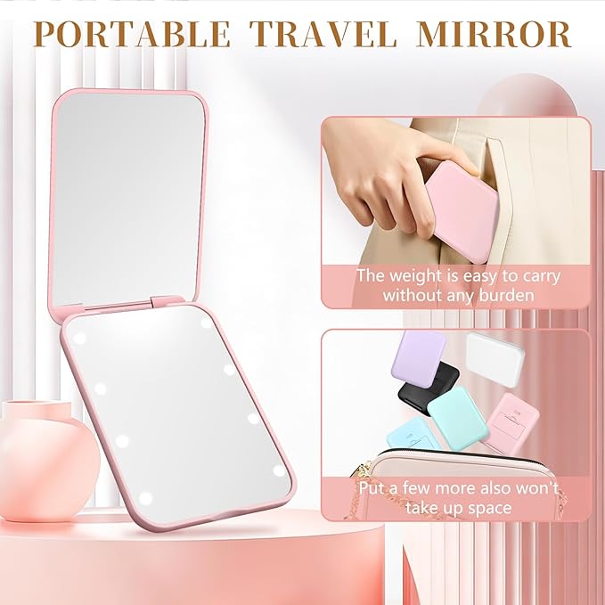 Compact Mirror, 1X/3X Magnification LED Pocket Mirror with Nternal BIattery, Mini Mirror for Purse, Pocket,Travel and Present (Pink)