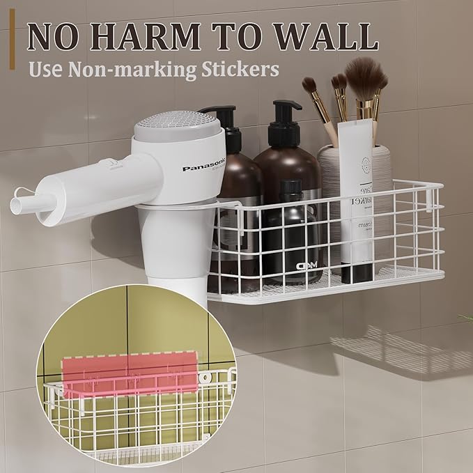 Wall-Mounted Hair Dryer Holder Styling Tool Organizer 4-Shelf Storage Wire Basket with Hook Heat Safe Rack for Hair-Straighteners,Curling Wands,Flat Iron,Cabinet Door Bathroom Kitchen White