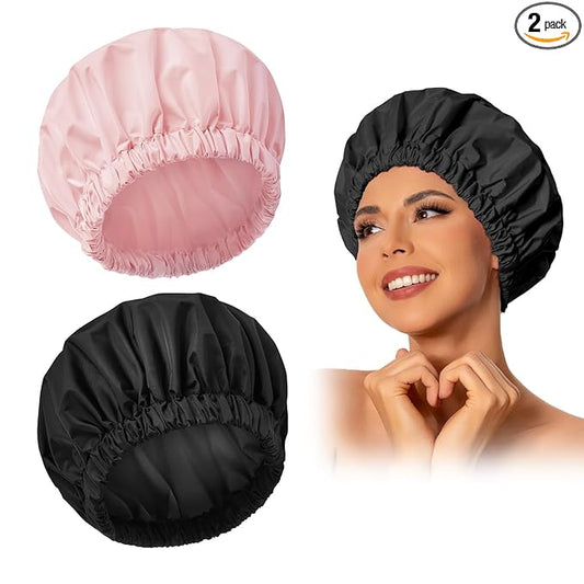Reusable Shower Cap for Women, Large Waterproof Shower Bonnet with Elastic Band, Washable Bath Hair Cap for Long, Curly Hair, Braids, Daily Shower, Home Spa, Travel(Pink&Black)