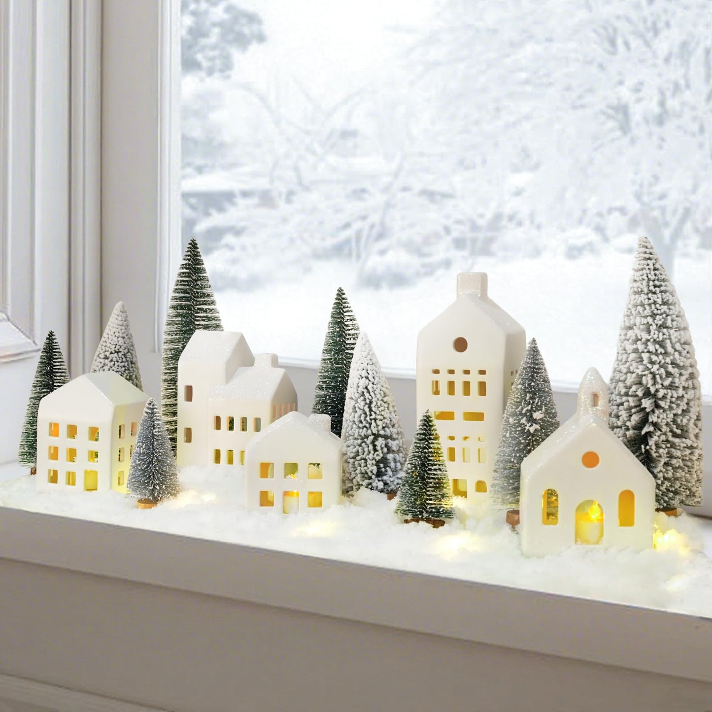 Zesua Christmas Decorations Indoor - Christmas Village Sets of 5 Ceramic Houses with LED Lights Remote and 9 Trees - Winter Rustic Farmhouse Home Holiday Xmas Decor for Mantel Tabletop Room