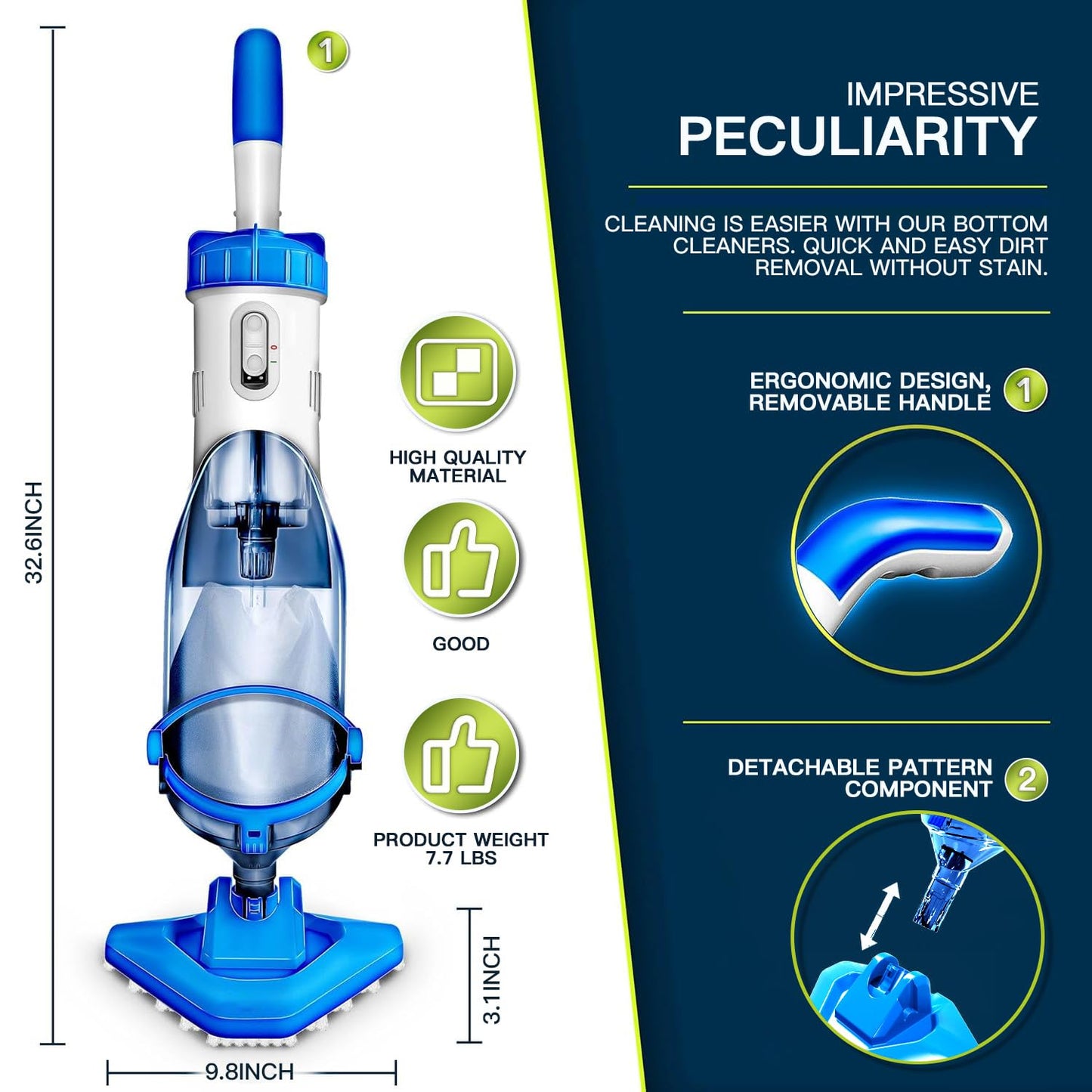 Cordless Handheld Pool Vacuum with Telescopic Pole, Rechargeable Hot Tub SPA Vacuum, 18GPM Powerful Suction, 60Min Runtime, Pools up to 88", Portable Pool Cleaner for Above Ground/Inground Pools