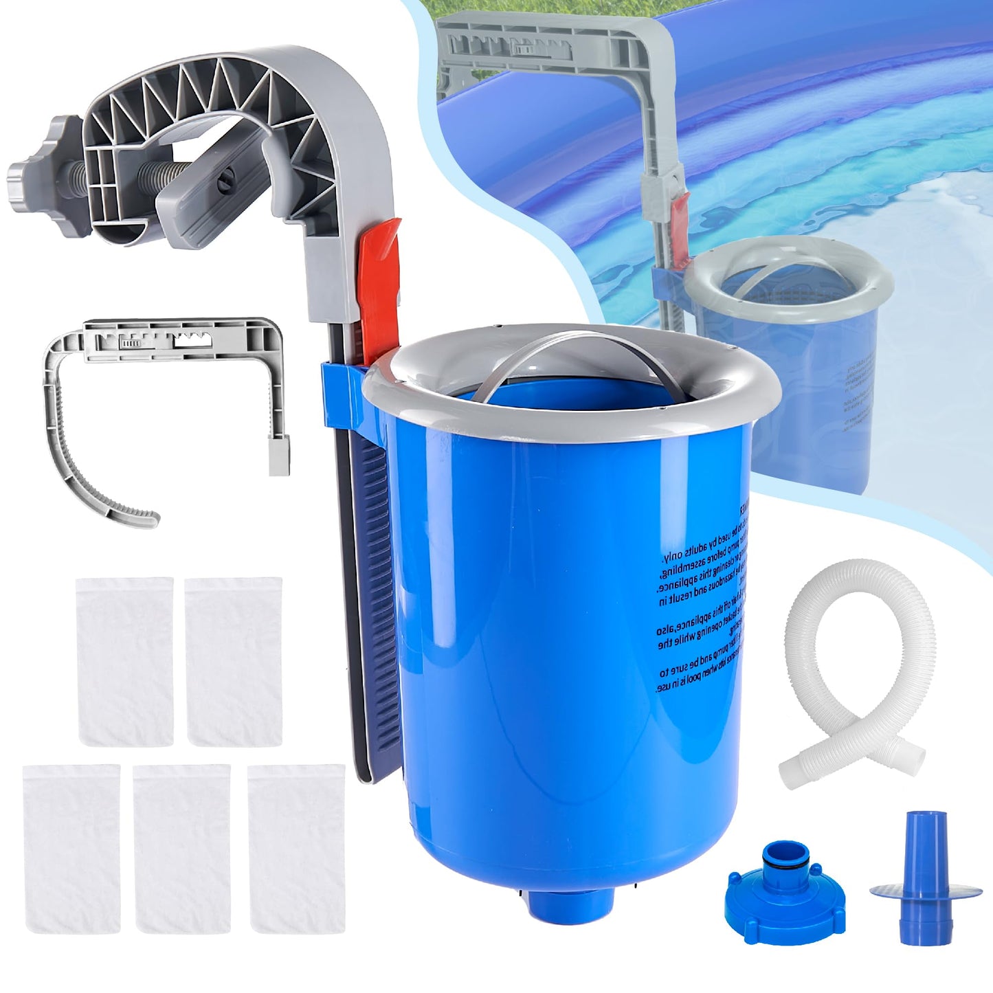 MUWOOB Above Ground Pool Skimmer with 5 Skimmer Socks, Wall Mount Surface Skimmer with Hose & Basket, Compatible with Intex Pools, Adjustable Floating Filter, Automatically Removes Leaves & Debris