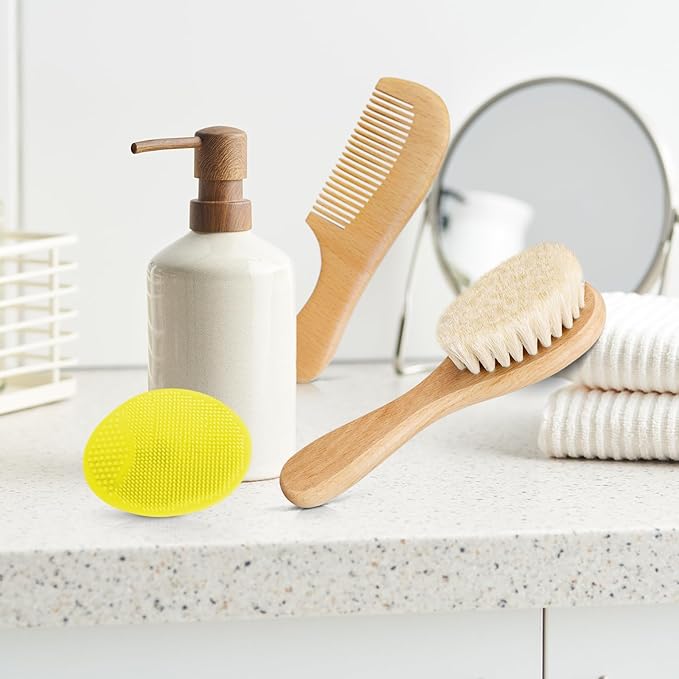 Baby Hair Brush with Wooden Handle and Comb Set for Newborns & Toddlers | Natural Soft Goat Bristles l Wood comb l Yellow Silicone Brush| Ideal for Cradle Cap (3PCS)