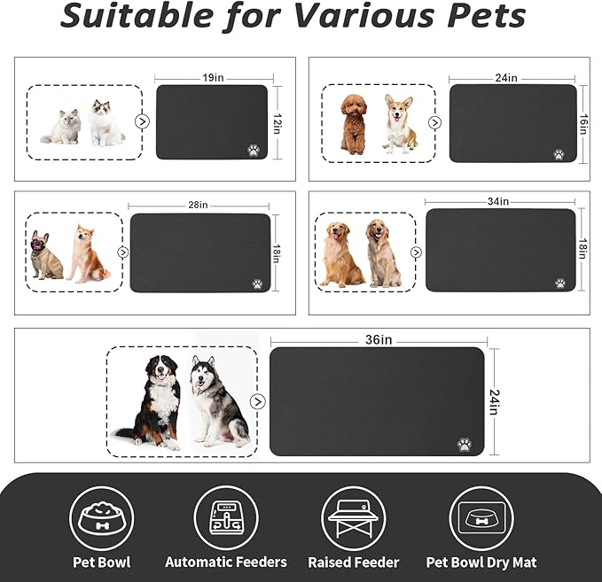Dog Food Mat - Absorbent Cat Mat for Food and Water, No Stains Pet Feeding Bowl Mat, Easy to Clean Pet Placemats, Quick Dry Dog Water Dispenser Mat for Messy Drinkers | Paw Black 18"x 34"