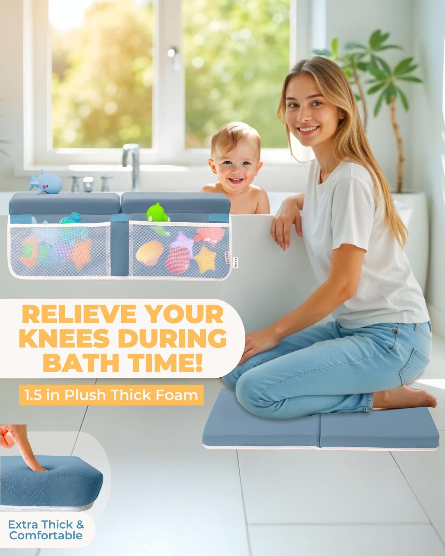 Comfortable Baby Bath Kneeler and Elbow Rest Pad Set – Thick Memory Foam Bath Kneeling Pad with Elbow Support – Baby Bathtub Cushion with Toy Organizer for Bathing Infant or Toddler - Blue