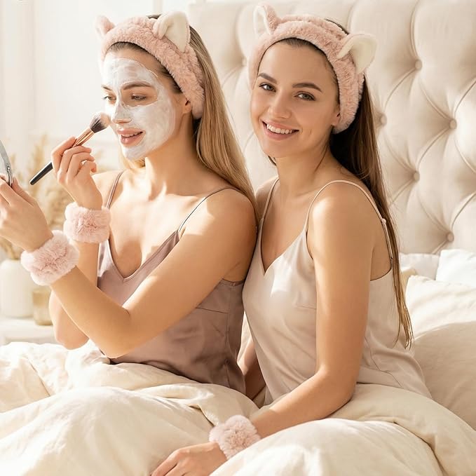 Headbands for Women, Elastic Spa Headband with 2pcs Wristband Set, Cute Plush Cat Ears Puffy Head Band Makeup Hair Band for Washing Face Skincare Yoga Facial Mask(Beige)