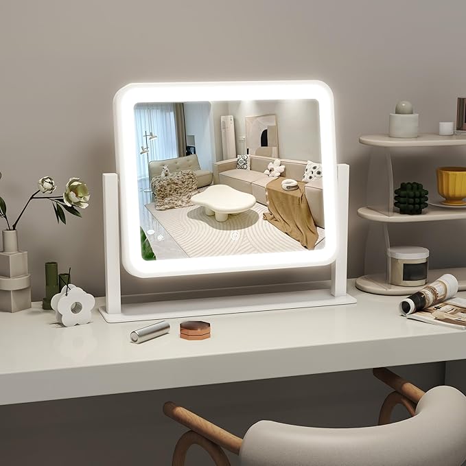 ROLOVE 14"x12"Vanity Mirror, Lighted Makeup Mirror for Vanity Desk, Smart Touch Control, 360° Rotation, 3-Color Modes, Gifts for Women, Bedroom, White