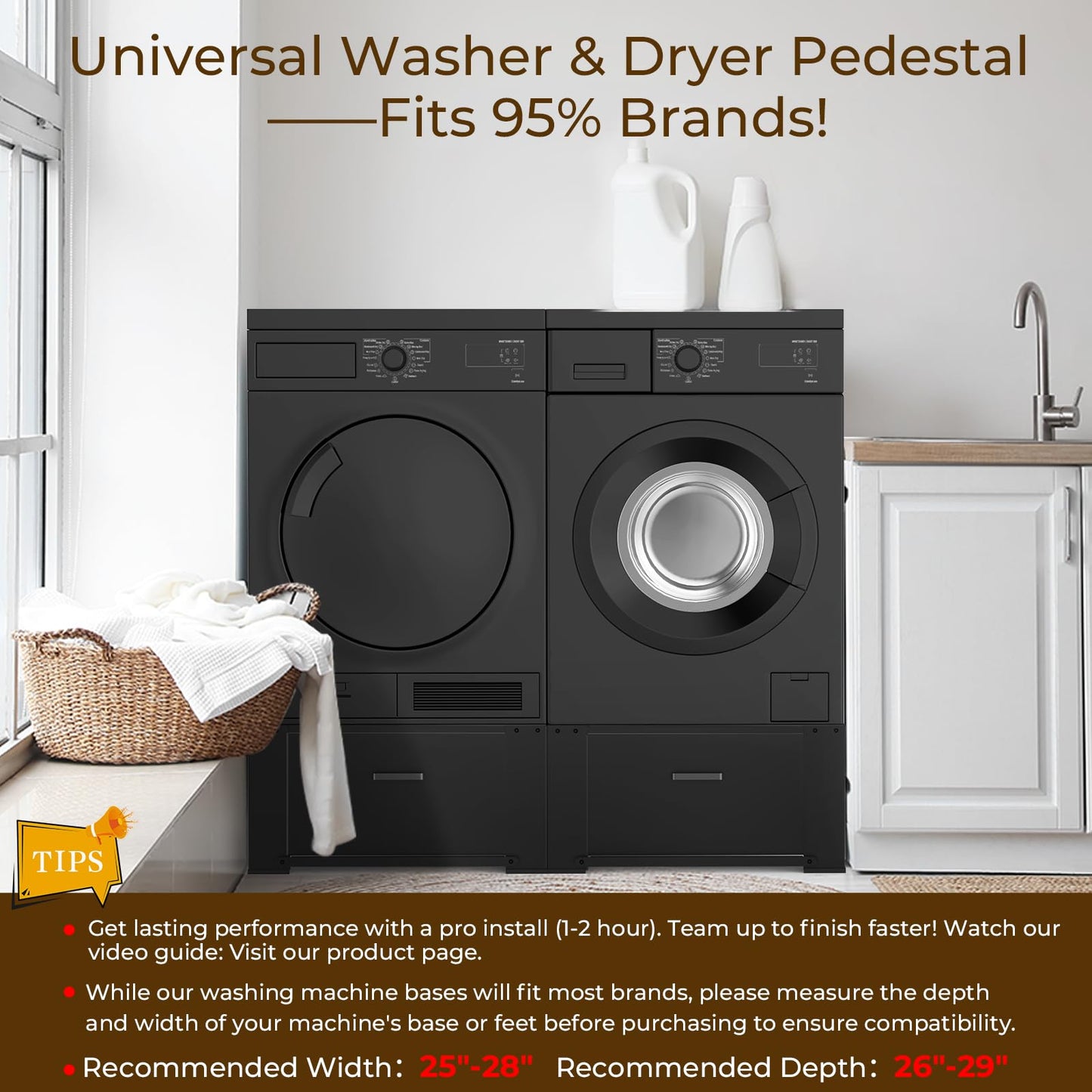 SKM Washer and Dryer Pedestal with Drawer, Laundry Pedestal for Washer and Dryer Stand, Heavy Duty Steel Washing Machine Stand Height Raiser (2, black, 28" W x 29" D x 14" H)