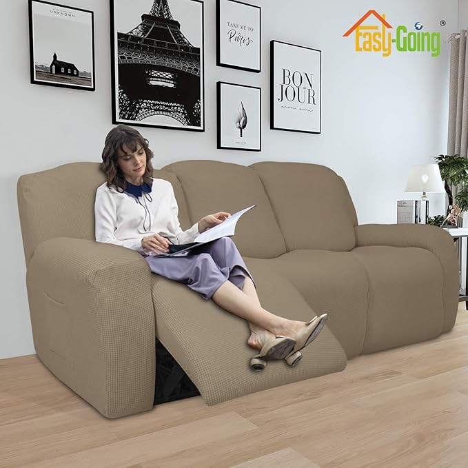 Easy-Going 8 Pieces Recliner Sofa Stretch Sofa Slipcover Sofa Cover Furniture Protector Couch Soft with Elastic Bottom Kids, Spandex Jacquard Fabric Small Checks Natural