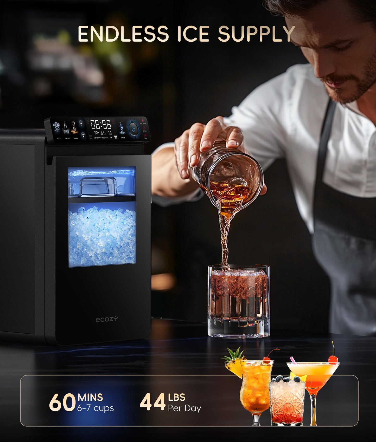 ecozy Nugget Ice Maker Countertop, Smart Pebble Ice Machine with APP Control, 44 lbs Per Day Soft Pellet Chewable Ice with Self-Cleaning, Black
