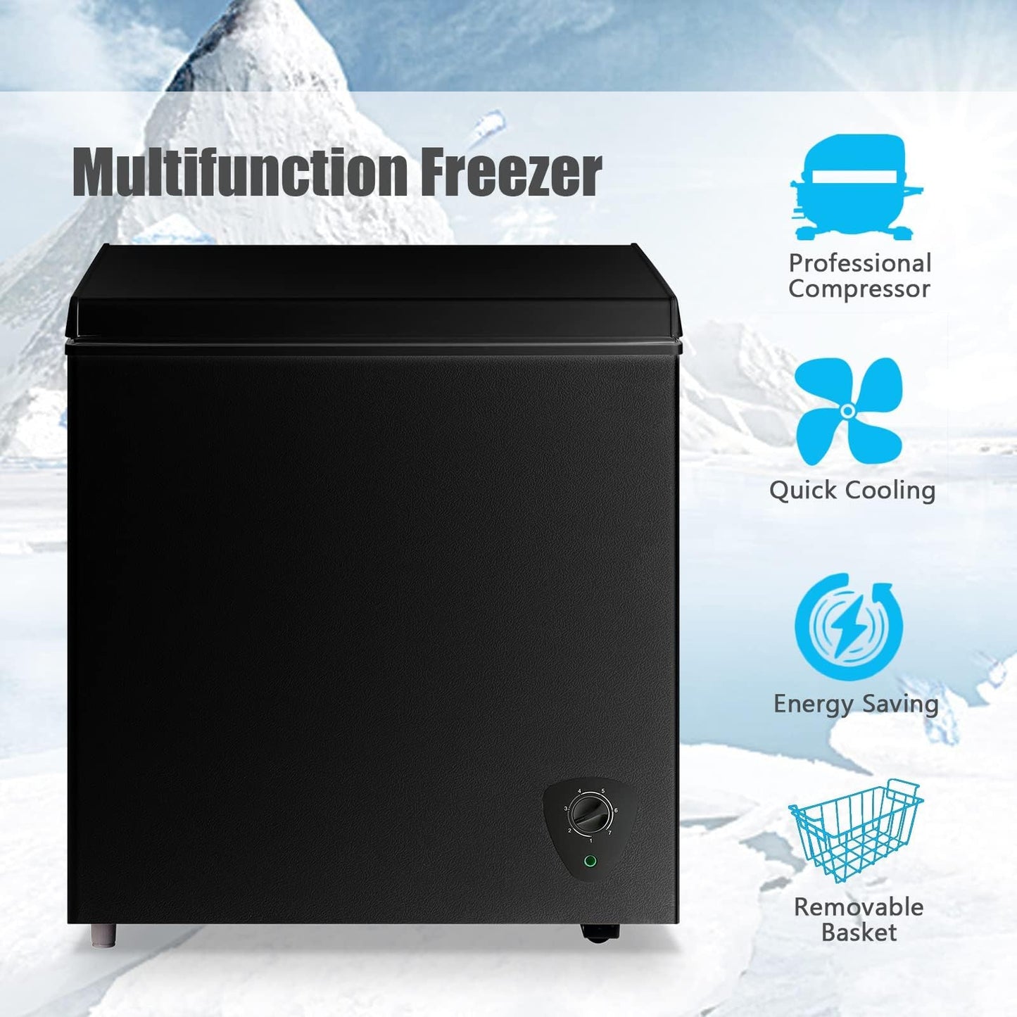 4.99 Cubic Feet Deep Chest Freezer Compact Freezers with Adjustable Thermostat Top Open Door Freezer Compressor Cooling with Rmovable Storage Basket for Home Kitchen Office and Bar (Black)