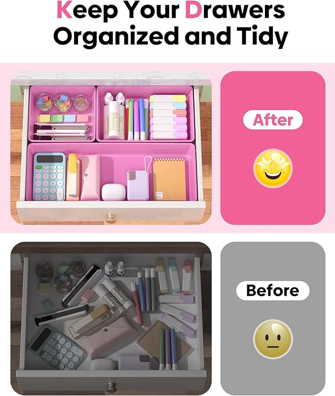 10 Pack Large Size Plastic Drawer Organizers Set, 3 Sizes Desk Drawer Organizer Trays, Storage Bins for Vanity, Makeup, Bathroom, Kitchen Utensils and Office (Pink)