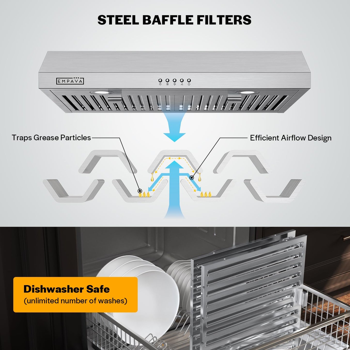 Empava Ductless Under Cabinet Range Hood 36 Inch, Convertible Ducted (Rear/Top Vent), 300 CFM, Push Button Plug in, Stainless Steel
