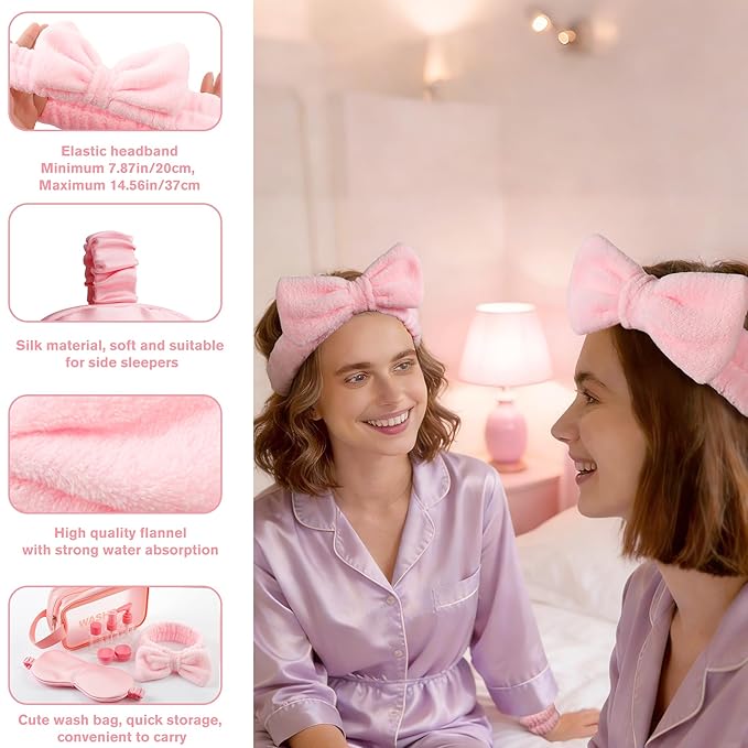 CWJCYTNSN 12PCS Spa Headband for Washing Face Wristbands Set Girls Pink Makeup Skincare Headbands with Silk Sleep Eye Mask Silicone Hair Clips Travel Bottles Hair Accessories for Women Gifts