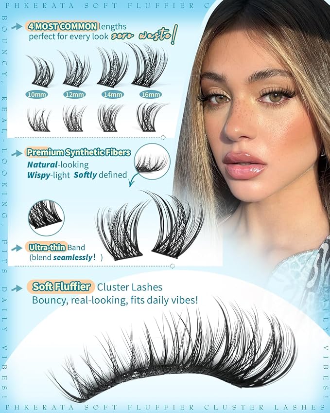 PHKERATA Wispy Lash Clusters Natural Eyelash Clusters Extensions C Curly Individual Lashes Clusters DIY Eyelash Extension with Wide Soft Thin Band,10-16MM,180Pcs