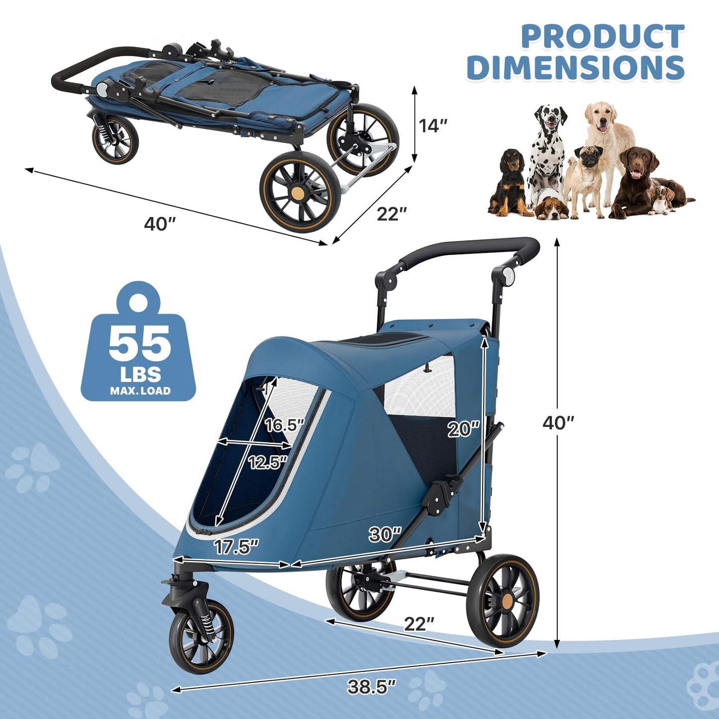 Magshion Pet Stroller for Medium Dogs w/Adjustable Handle, 3-Wheel Dog Cat Wagon w/Dual Entry, Rear Storage, Breathable Mesh, One-Foot Brake, Ideal for Large Pets up to 55 lbs, Navy Blue