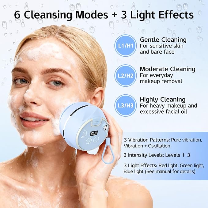Face Scrubber, Waterproof Silicone Facial Cleansing Brush 6 Modes, 3 Light Effect, Rechargeable Electric Exfoliator Deep-Clean Scrubber for Women and Men