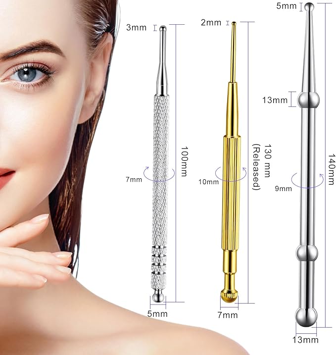 Nuanchu 3 Pieces Facial Reflexology Massage Tool Stainless Steel Manual Acupuncture Pen Retractable Acupuncture, Stainless Steel Double Headed Spring Loaded Ear and Body Point Probe Pen(Gold)