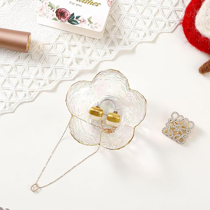 White Flower Jewelry Dish Glass Ring Dish Jewelry Tray Cute Vanity Organizer Room Decor Aesthetic Nightstand Bathroom Decor Trinket Dish Ring Holder Jewellery Tray Valentine's Birthday Gifts for Women