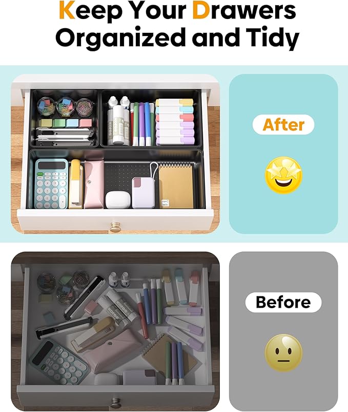 10 Pack Large Size Plastic Drawer Organizers Set, 3 Sizes Desk Drawer Organizer Trays, Storage Bins for Vanity, Makeup, Bathroom, Kitchen Utensils and Office (Black)