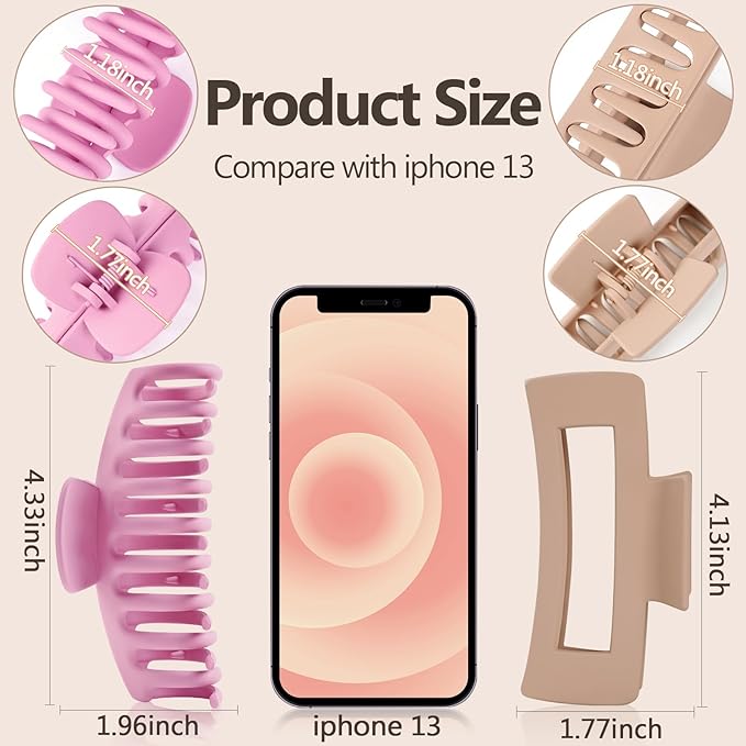 TOCESS 8 Pack Big Hair Claw Clips for Women Large Claw Clip for Thin Thick Curly Hair 90's Strong Hold 4.33 Inch Nonslip Matte Jumbo Hair Clips (8 Pcs)