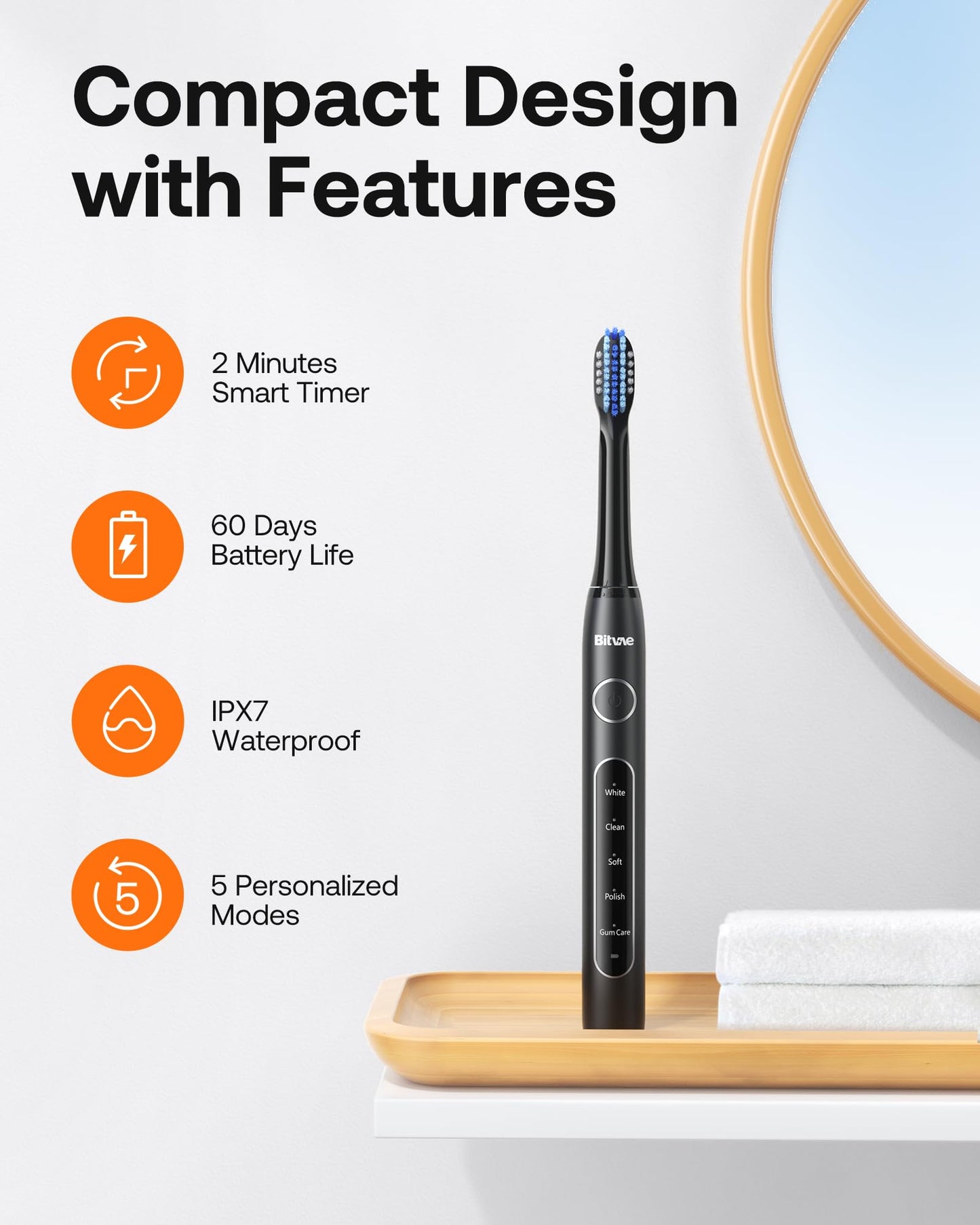 Bitvae D2 Ultrasonic Electric Toothbrush for Adults and Kids, Electric Toothbrush with Rechargeable Power, 8 Toothbrush Heads and 5 Modes, Black