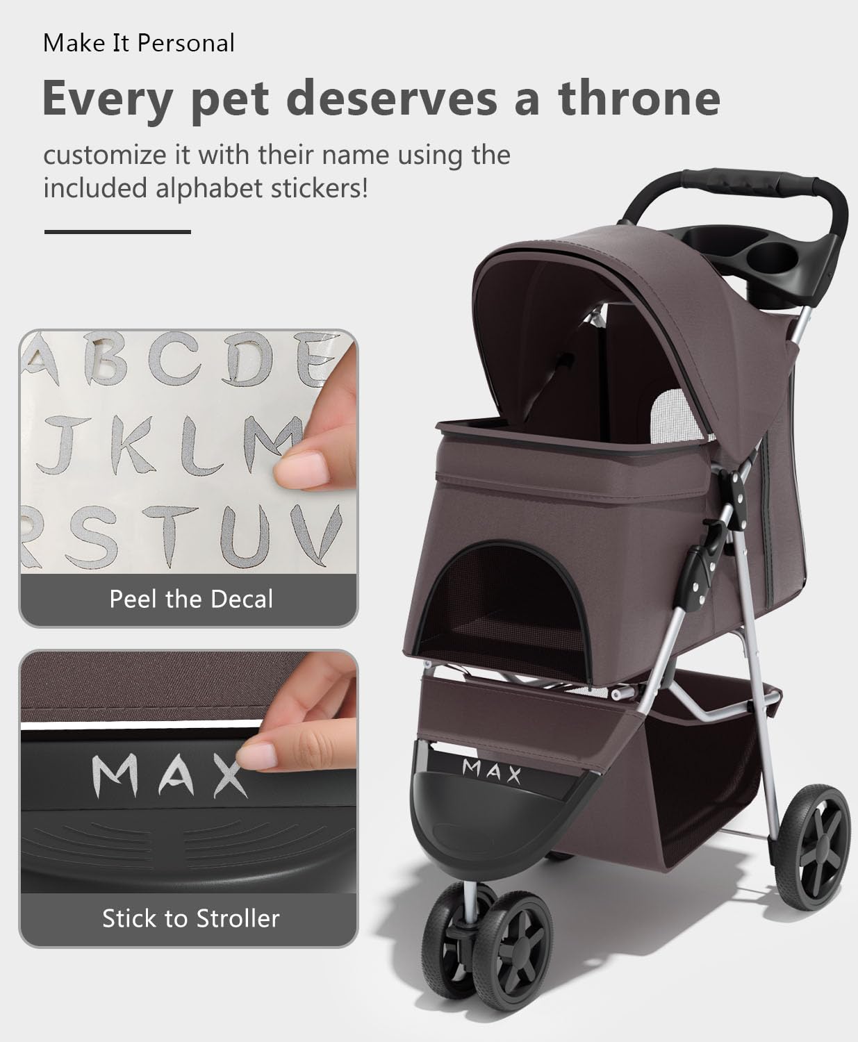 OS MOTOR Pet Stroller with 3 Wheels for Small/Medium Pets, Portable Travel Foldable Carrier Jogger for Dog Cat Puppy Kitty, Rear Wheel Breaks, Storage Basket, Visible Mesh with Weather Cover (Coffee)