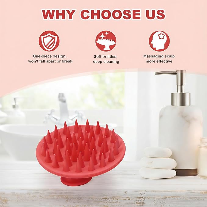 Silicone Scalp Massager Shampoo Brush, Scalp Brush for Hair Growth & Dandruff Removal, Hair Scrubber Scalp Stimulator Exfoliator Brush with Soft Bristles for Wet Dry Scalp Care (Ruby Red)