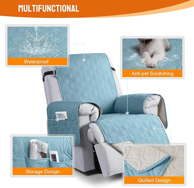 VANSOFY 100% Waterproof Recliner Chair Covers, Recliner Cover Non-Slip Dog Chair Cover Furniture Protector Washable Slipcover with Pocket, Elastic Straps for Pets, Dogs(Azuree, 30")