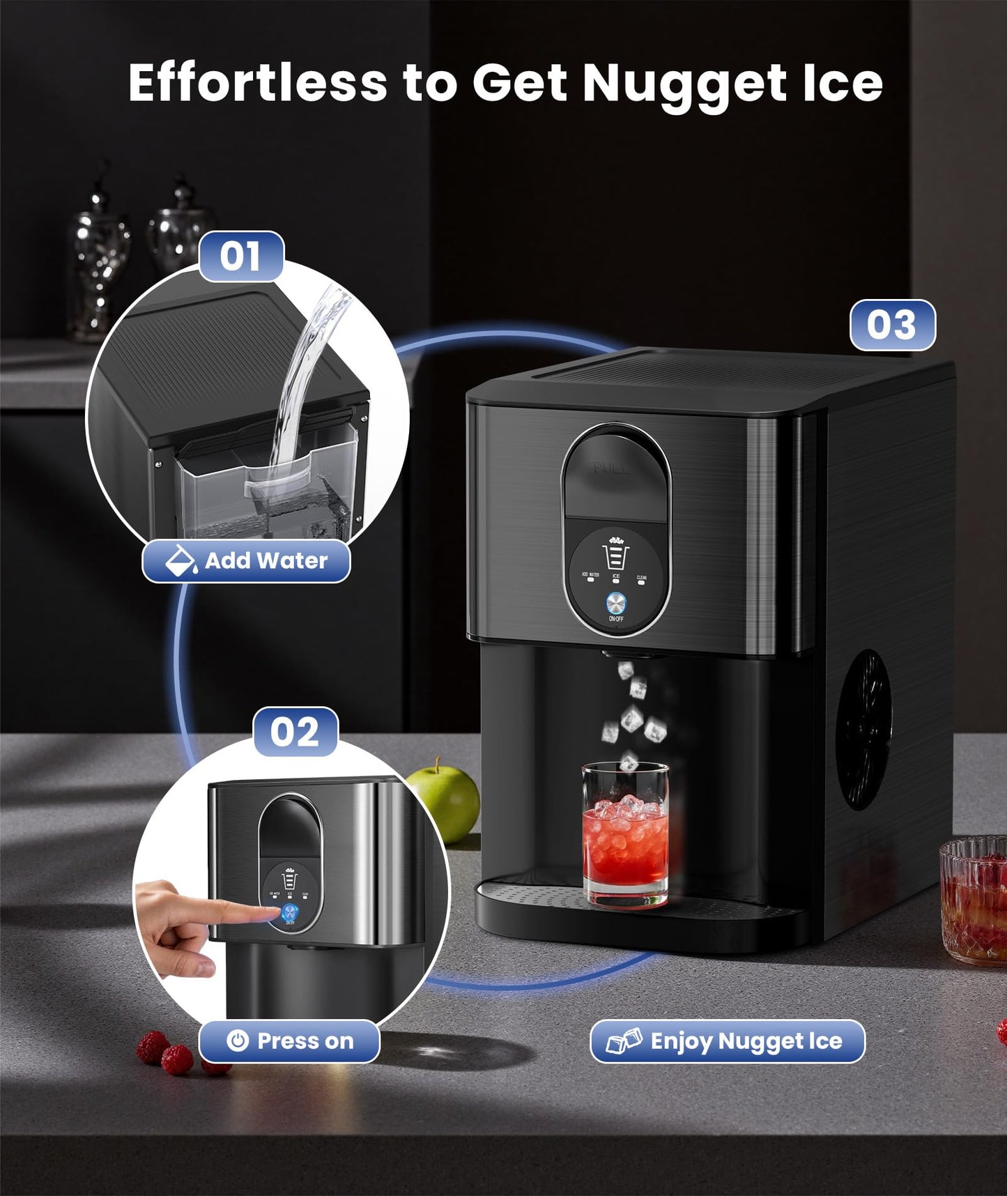 Cowsar Nugget Ice Maker Countertop, 44lbs/24H Soft Chewable Pellet Ice Machine with Dispenser, Self-Cleaning, 2.4L Removable Water Tank, One-Click Operation, Ideal for Home/Kitchen/Bar/Office, Black
